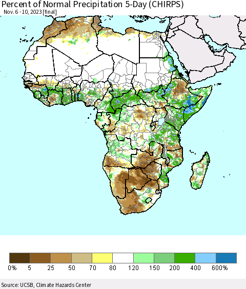 Africa Percent of Normal Precipitation 5-Day (CHIRPS) Thematic Map For 11/6/2023 - 11/10/2023