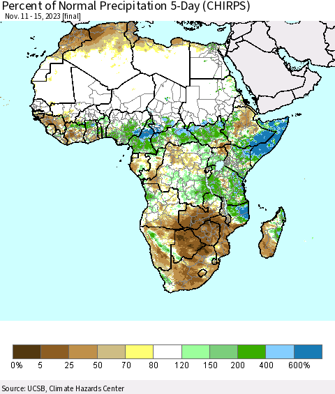 Africa Percent of Normal Precipitation 5-Day (CHIRPS) Thematic Map For 11/11/2023 - 11/15/2023