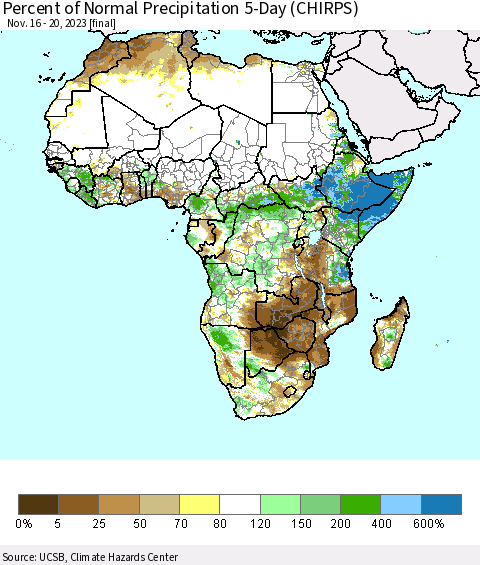 Africa Percent of Normal Precipitation 5-Day (CHIRPS) Thematic Map For 11/16/2023 - 11/20/2023