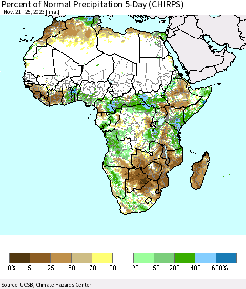 Africa Percent of Normal Precipitation 5-Day (CHIRPS) Thematic Map For 11/21/2023 - 11/25/2023