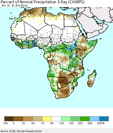 Africa Percent of Normal Precipitation 5-Day (CHIRPS) Thematic Map For 11/26/2023 - 11/30/2023