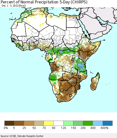 Africa Percent of Normal Precipitation 5-Day (CHIRPS) Thematic Map For 12/1/2023 - 12/5/2023