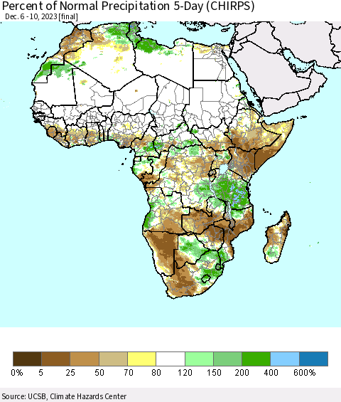 Africa Percent of Normal Precipitation 5-Day (CHIRPS) Thematic Map For 12/6/2023 - 12/10/2023