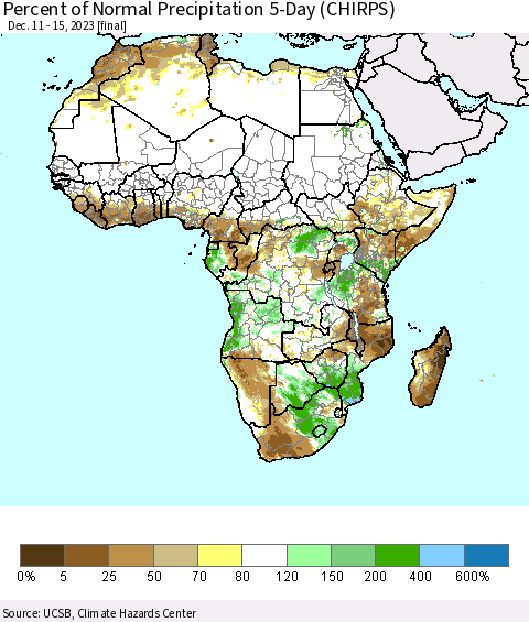 Africa Percent of Normal Precipitation 5-Day (CHIRPS) Thematic Map For 12/11/2023 - 12/15/2023