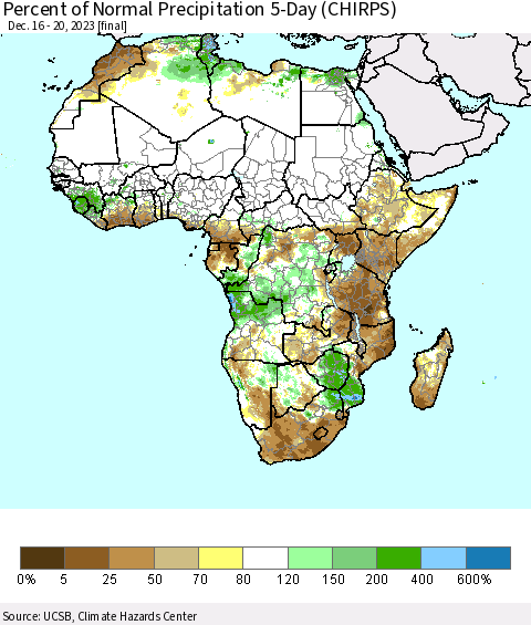 Africa Percent of Normal Precipitation 5-Day (CHIRPS) Thematic Map For 12/16/2023 - 12/20/2023