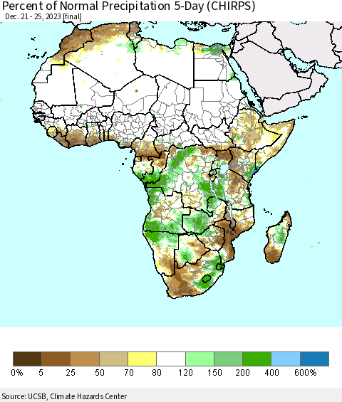 Africa Percent of Normal Precipitation 5-Day (CHIRPS) Thematic Map For 12/21/2023 - 12/25/2023