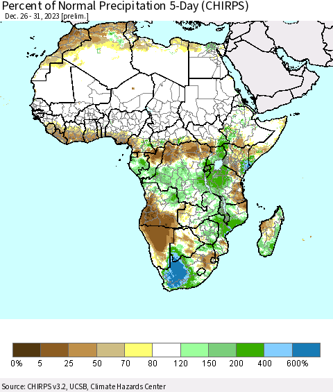 Africa Percent of Normal Precipitation 5-Day (CHIRPS) Thematic Map For 12/26/2023 - 12/31/2023