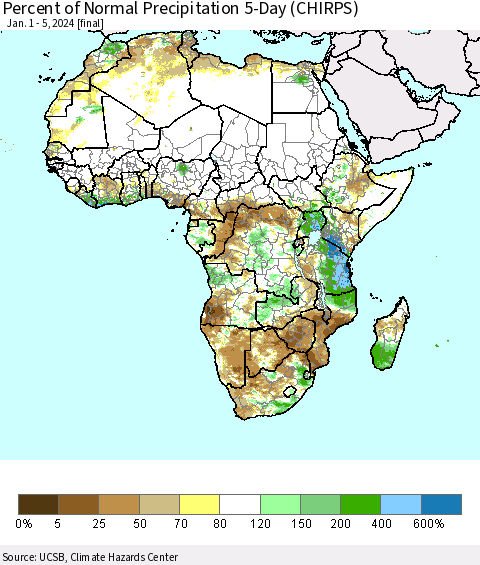 Africa Percent of Normal Precipitation 5-Day (CHIRPS) Thematic Map For 1/1/2024 - 1/5/2024