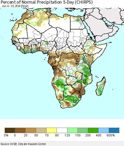 Africa Percent of Normal Precipitation 5-Day (CHIRPS) Thematic Map For 1/6/2024 - 1/10/2024