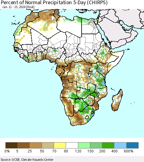 Africa Percent of Normal Precipitation 5-Day (CHIRPS) Thematic Map For 1/11/2024 - 1/15/2024
