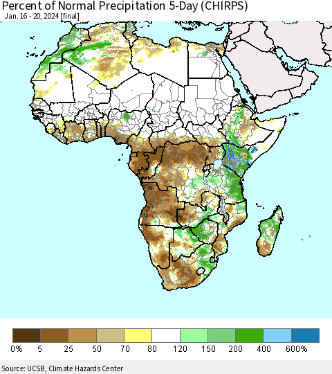 Africa Percent of Normal Precipitation 5-Day (CHIRPS) Thematic Map For 1/16/2024 - 1/20/2024