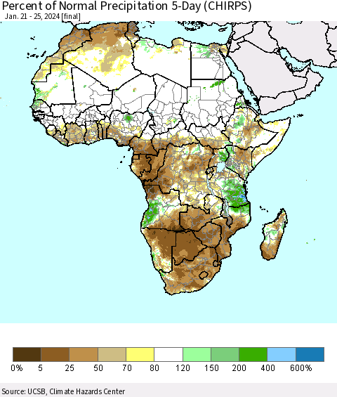 Africa Percent of Normal Precipitation 5-Day (CHIRPS) Thematic Map For 1/21/2024 - 1/25/2024