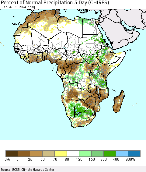 Africa Percent of Normal Precipitation 5-Day (CHIRPS) Thematic Map For 1/26/2024 - 1/31/2024