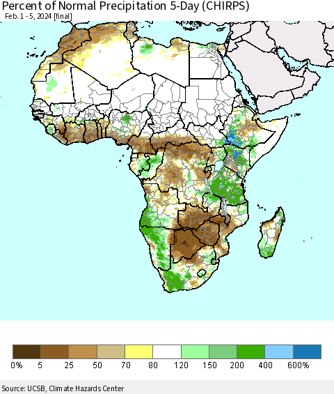 Africa Percent of Normal Precipitation 5-Day (CHIRPS) Thematic Map For 2/1/2024 - 2/5/2024