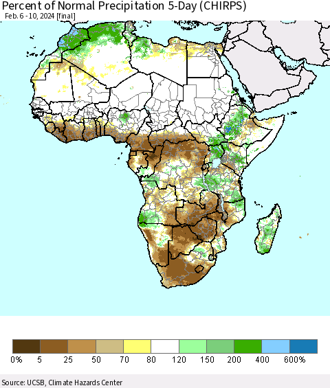 Africa Percent of Normal Precipitation 5-Day (CHIRPS) Thematic Map For 2/6/2024 - 2/10/2024