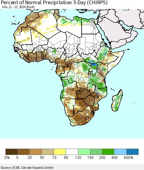 Africa Percent of Normal Precipitation 5-Day (CHIRPS) Thematic Map For 2/11/2024 - 2/15/2024