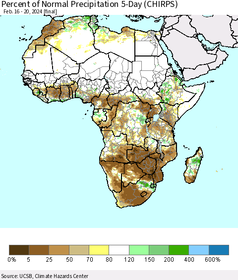 Africa Percent of Normal Precipitation 5-Day (CHIRPS) Thematic Map For 2/16/2024 - 2/20/2024