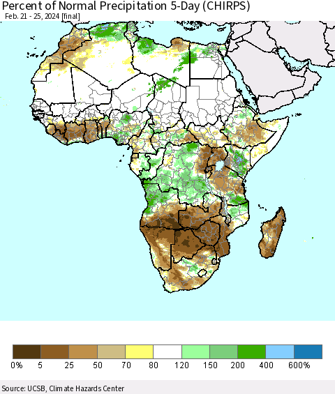 Africa Percent of Normal Precipitation 5-Day (CHIRPS) Thematic Map For 2/21/2024 - 2/25/2024