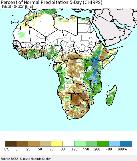 Africa Percent of Normal Precipitation 5-Day (CHIRPS) Thematic Map For 2/26/2024 - 2/29/2024