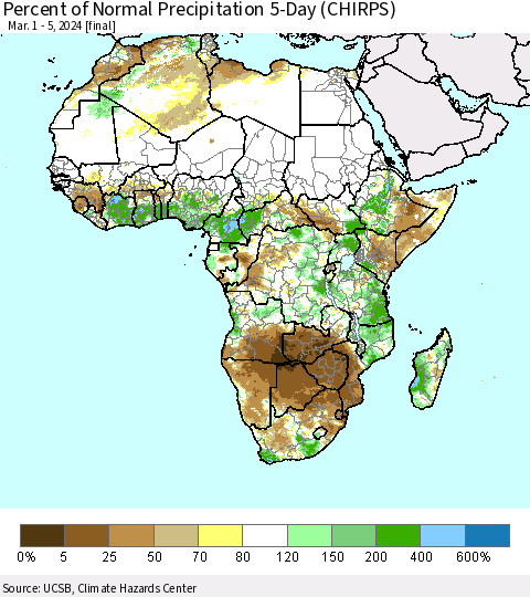 Africa Percent of Normal Precipitation 5-Day (CHIRPS) Thematic Map For 3/1/2024 - 3/5/2024