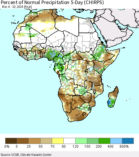 Africa Percent of Normal Precipitation 5-Day (CHIRPS) Thematic Map For 3/6/2024 - 3/10/2024
