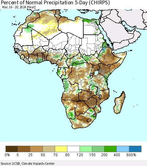 Africa Percent of Normal Precipitation 5-Day (CHIRPS) Thematic Map For 3/16/2024 - 3/20/2024