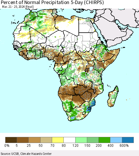 Africa Percent of Normal Precipitation 5-Day (CHIRPS) Thematic Map For 3/21/2024 - 3/25/2024