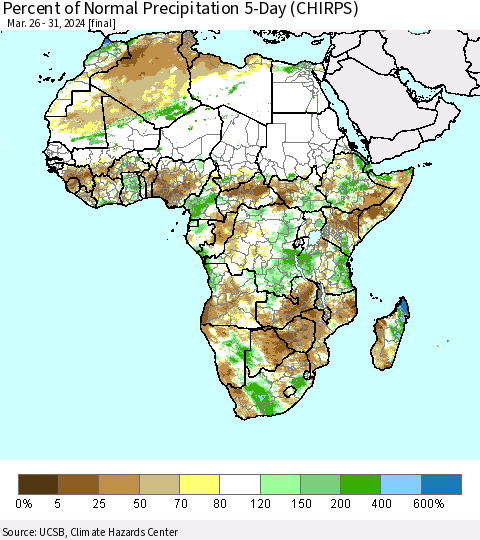 Africa Percent of Normal Precipitation 5-Day (CHIRPS) Thematic Map For 3/26/2024 - 3/31/2024