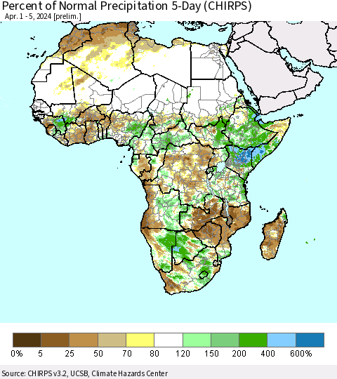 Africa Percent of Normal Precipitation 5-Day (CHIRPS) Thematic Map For 4/1/2024 - 4/5/2024