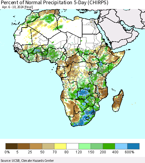 Africa Percent of Normal Precipitation 5-Day (CHIRPS) Thematic Map For 4/6/2024 - 4/10/2024