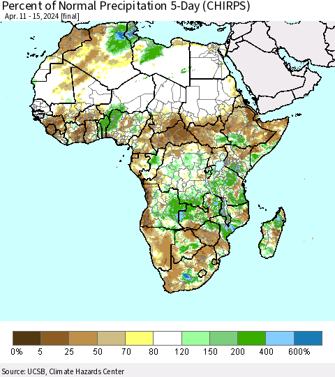 Africa Percent of Normal Precipitation 5-Day (CHIRPS) Thematic Map For 4/11/2024 - 4/15/2024