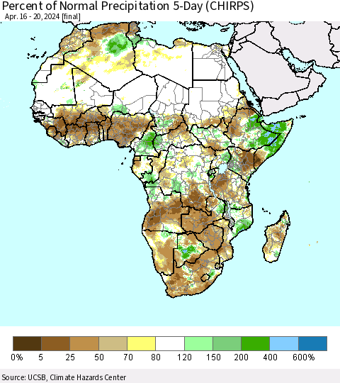 Africa Percent of Normal Precipitation 5-Day (CHIRPS) Thematic Map For 4/16/2024 - 4/20/2024