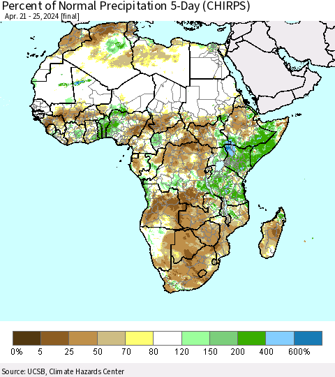 Africa Percent of Normal Precipitation 5-Day (CHIRPS) Thematic Map For 4/21/2024 - 4/25/2024