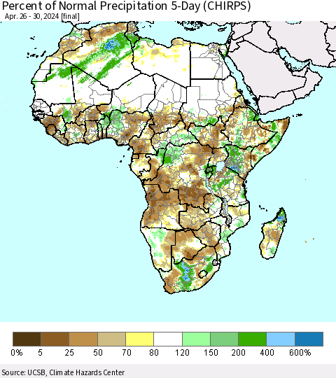 Africa Percent of Normal Precipitation 5-Day (CHIRPS) Thematic Map For 4/26/2024 - 4/30/2024
