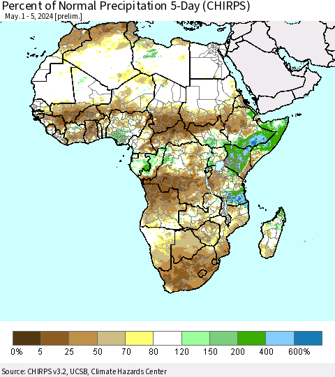 Africa Percent of Normal Precipitation 5-Day (CHIRPS) Thematic Map For 5/1/2024 - 5/5/2024