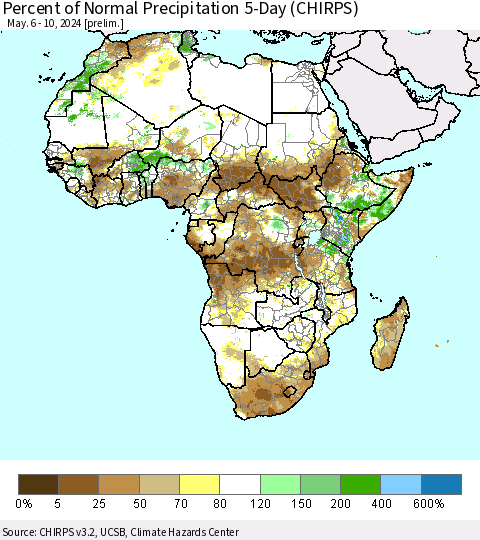 Africa Percent of Normal Precipitation 5-Day (CHIRPS) Thematic Map For 5/6/2024 - 5/10/2024