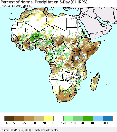 Africa Percent of Normal Precipitation 5-Day (CHIRPS) Thematic Map For 5/11/2024 - 5/15/2024