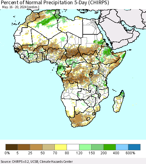 Africa Percent of Normal Precipitation 5-Day (CHIRPS) Thematic Map For 5/16/2024 - 5/20/2024