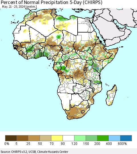 Africa Percent of Normal Precipitation 5-Day (CHIRPS) Thematic Map For 5/21/2024 - 5/25/2024