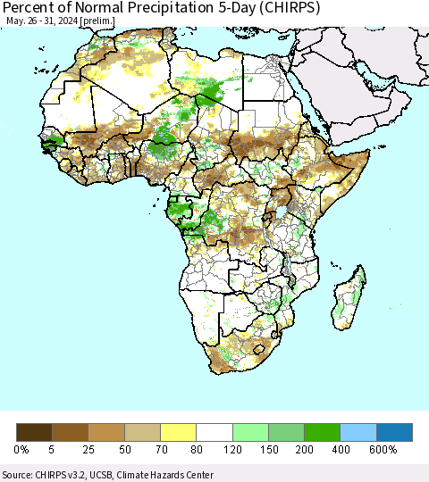 Africa Percent of Normal Precipitation 5-Day (CHIRPS) Thematic Map For 5/26/2024 - 5/31/2024