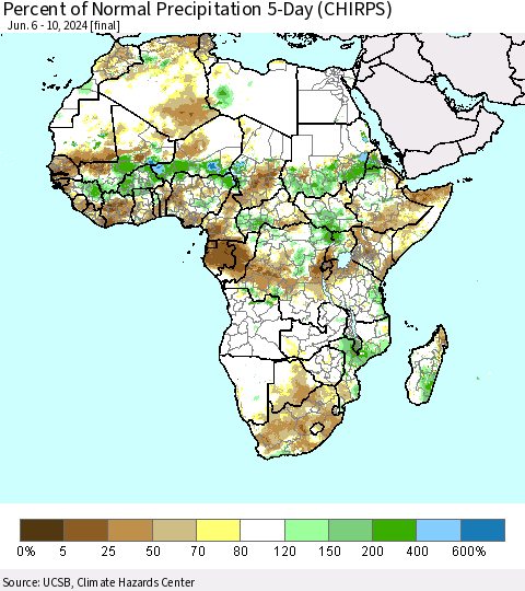 Africa Percent of Normal Precipitation 5-Day (CHIRPS) Thematic Map For 6/6/2024 - 6/10/2024