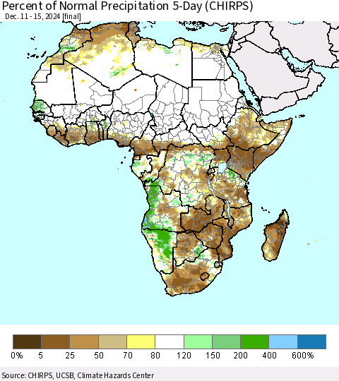 Africa Percent of Normal Precipitation 5-Day (CHIRPS) Thematic Map For 12/11/2024 - 12/15/2024
