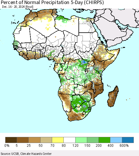 Africa Percent of Normal Precipitation 5-Day (CHIRPS) Thematic Map For 12/16/2024 - 12/20/2024