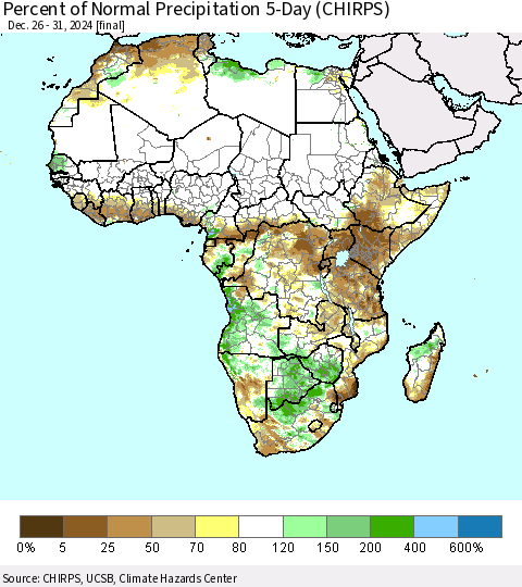 Africa Percent of Normal Precipitation 5-Day (CHIRPS) Thematic Map For 12/26/2024 - 12/31/2024
