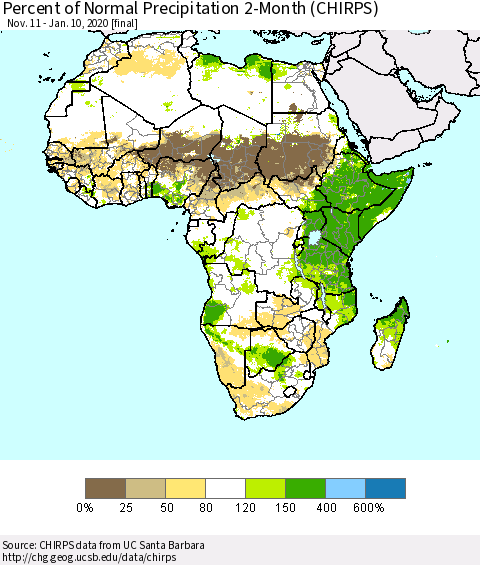 Africa Percent of Normal Precipitation 2-Month (CHIRPS) Thematic Map For 11/11/2019 - 1/10/2020