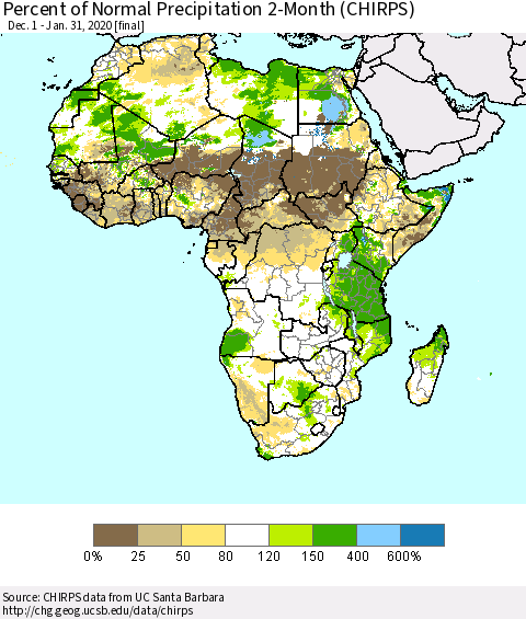 Africa Percent of Normal Precipitation 2-Month (CHIRPS) Thematic Map For 12/1/2019 - 1/31/2020