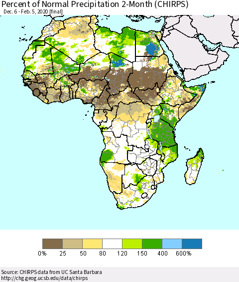 Africa Percent of Normal Precipitation 2-Month (CHIRPS) Thematic Map For 12/6/2019 - 2/5/2020
