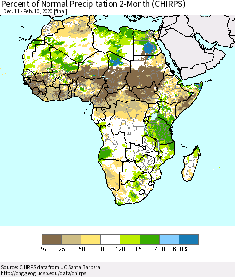 Africa Percent of Normal Precipitation 2-Month (CHIRPS) Thematic Map For 12/11/2019 - 2/10/2020