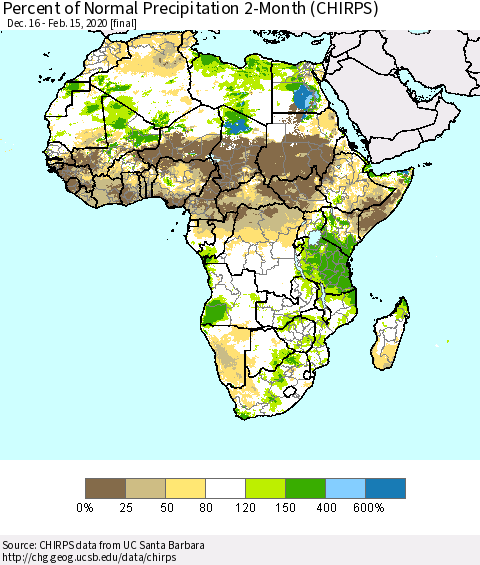 Africa Percent of Normal Precipitation 2-Month (CHIRPS) Thematic Map For 12/16/2019 - 2/15/2020