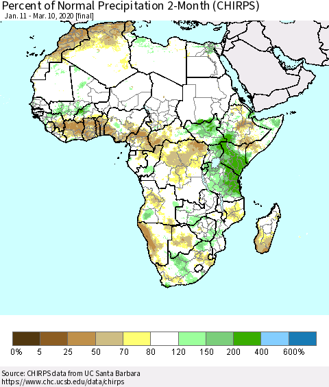 Africa Percent of Normal Precipitation 2-Month (CHIRPS) Thematic Map For 1/11/2020 - 3/10/2020
